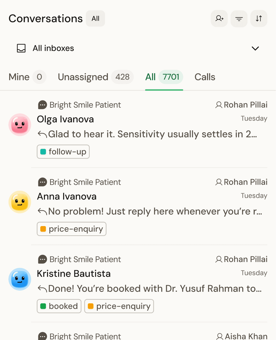 The Zavis app inbox on an iPhone: conversations from Bright Smile patients with labels such as follow-up, price-enquiry and booked
