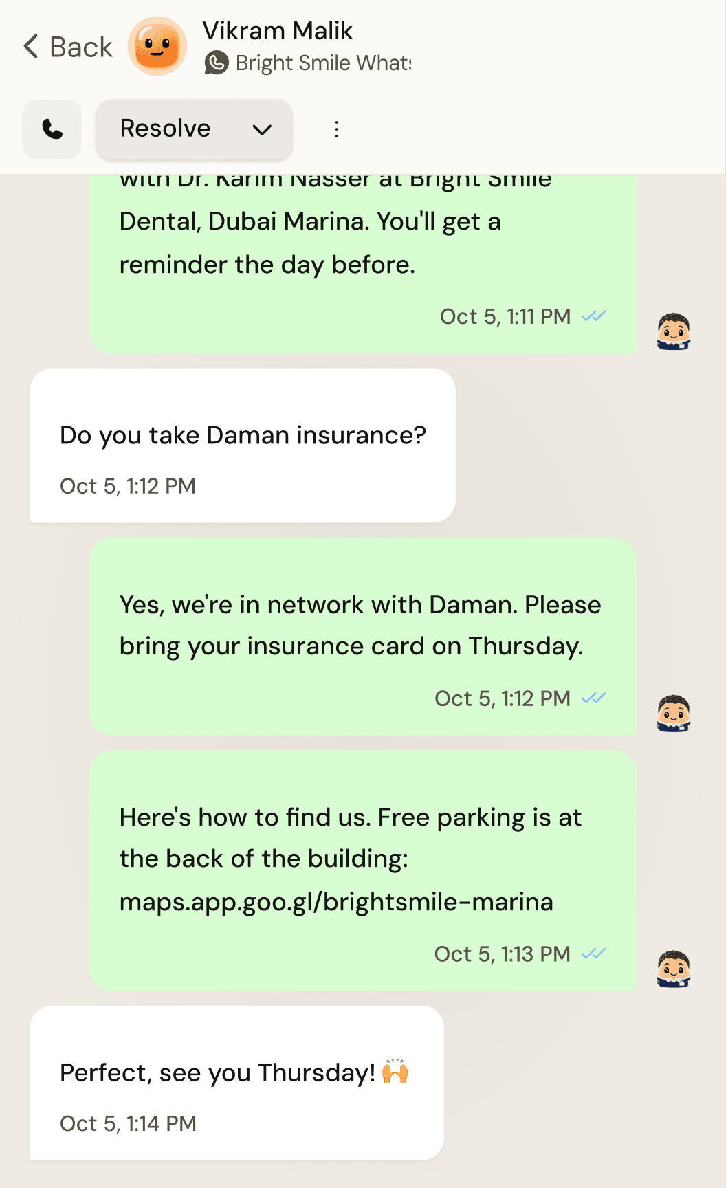 A WhatsApp conversation with Vikram Malik in the Zavis app: the clinic confirms Daman insurance and sends directions