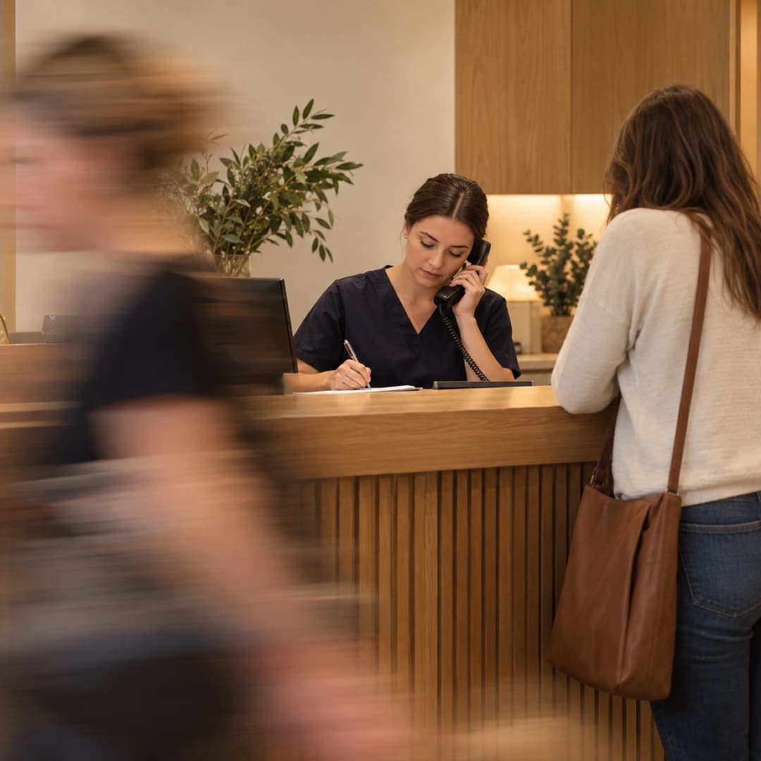 A receptionist on the phone at a clinic front desk