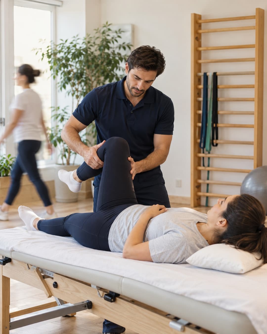 A physiotherapist stretching a patient's leg