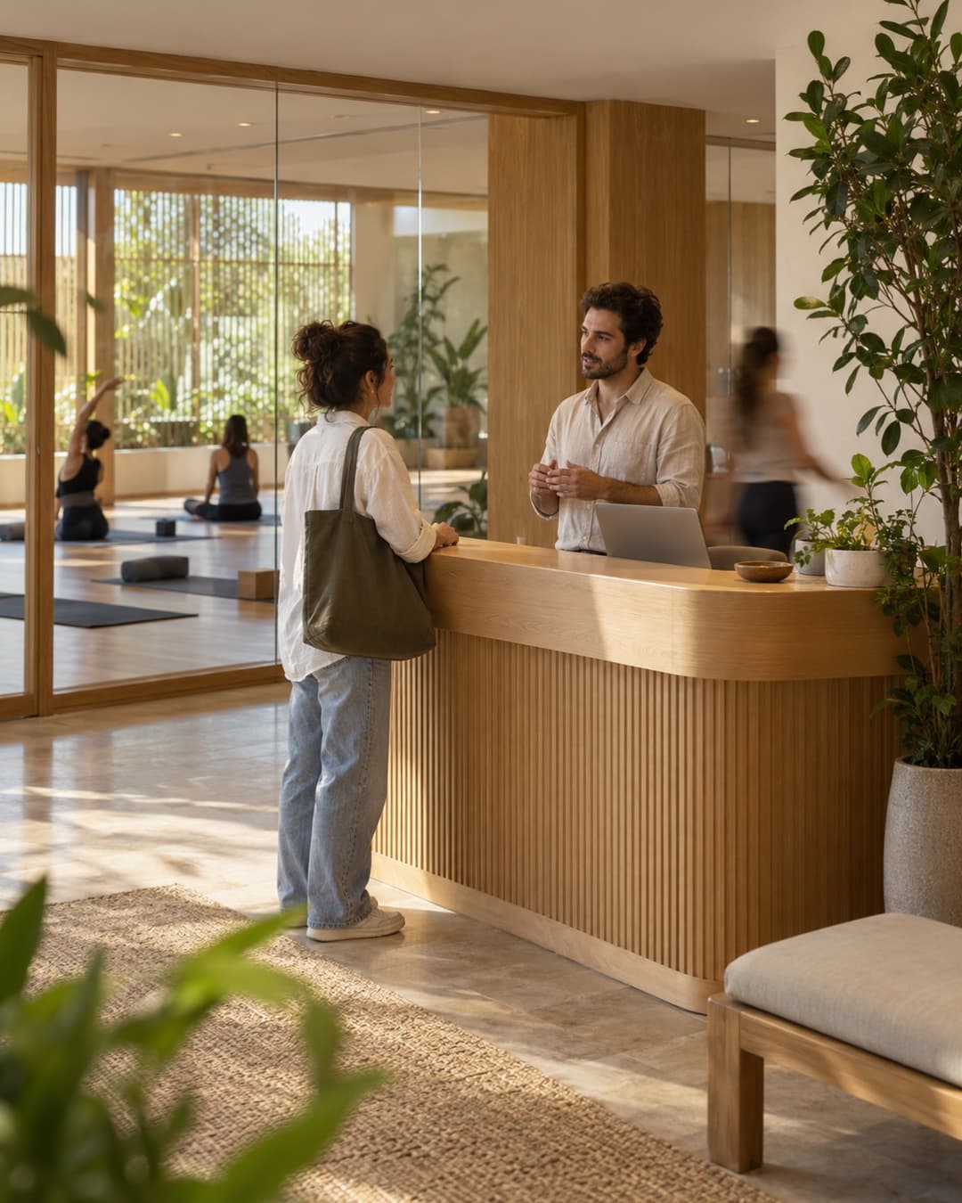 A client checking in at a wellness studio reception