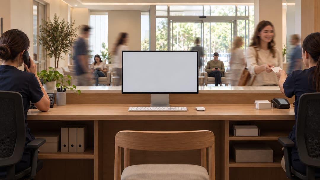 A busy clinic reception in the day, with the Zavis inbox open on the front desk monitor