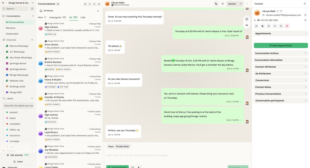 The Zavis inbox with patient WhatsApp conversations and the contact panel