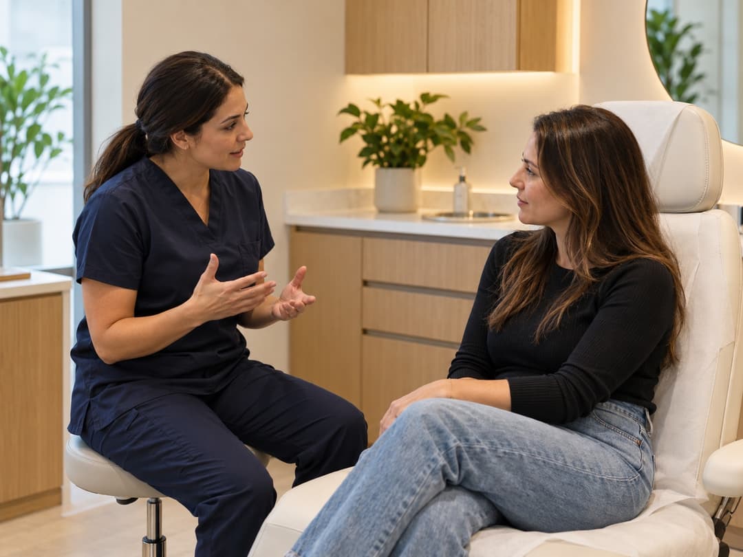 A nurse talking with a patient in a treatment room