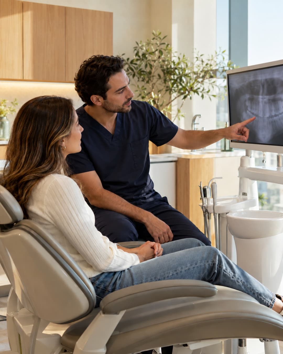 A dentist talking a patient through her treatment