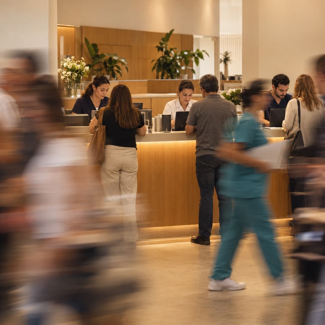 Patients and staff at a busy hospital reception