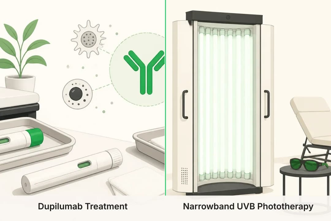 Dupilumab Treatment and Narrowband UVB Phototherapy shown side by side for comparison