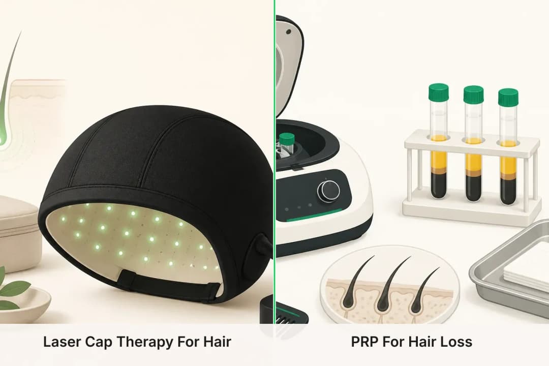 Laser Cap Therapy For Hair and PRP For Hair Loss shown side by side for comparison