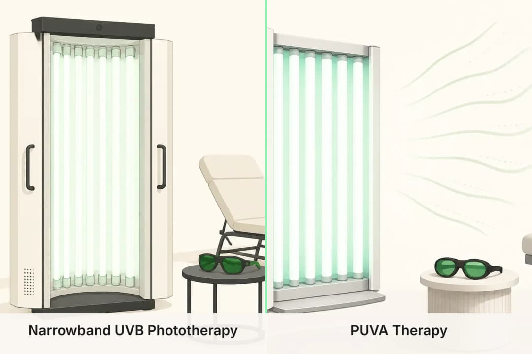 Narrowband UVB Phototherapy and PUVA Therapy shown side by side for comparison