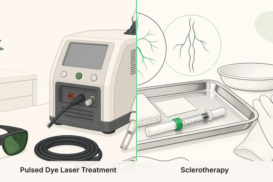 Pulsed Dye Laser Treatment and Sclerotherapy shown side by side for comparison