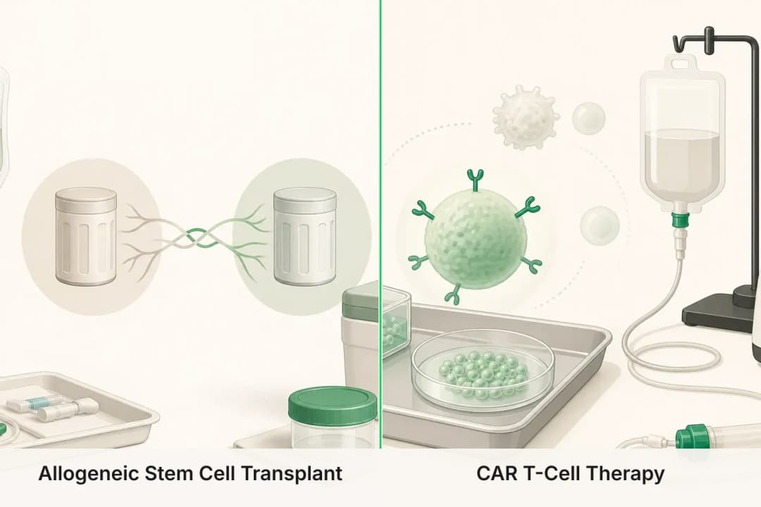 Allogeneic Stem Cell Transplant and CAR T-Cell Therapy shown side by side for comparison