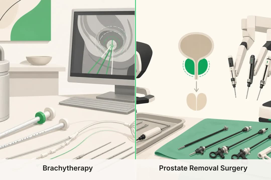 Brachytherapy and Prostate Removal Surgery shown side by side for comparison