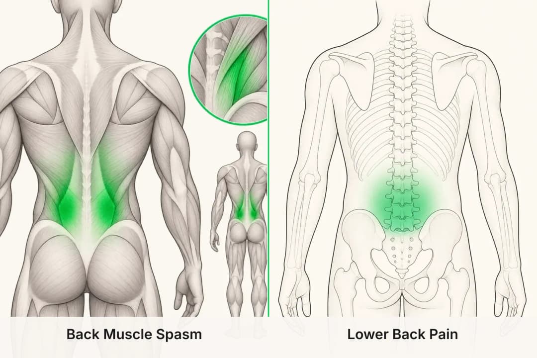 Back Muscle Spasm and Lower Back Pain shown side by side for comparison