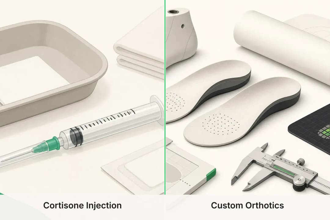 Cortisone Injection and Custom Orthotics shown side by side for comparison
