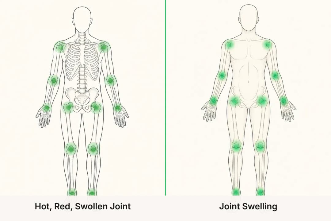 Hot, Red, Swollen Joint and Joint Swelling shown side by side for comparison