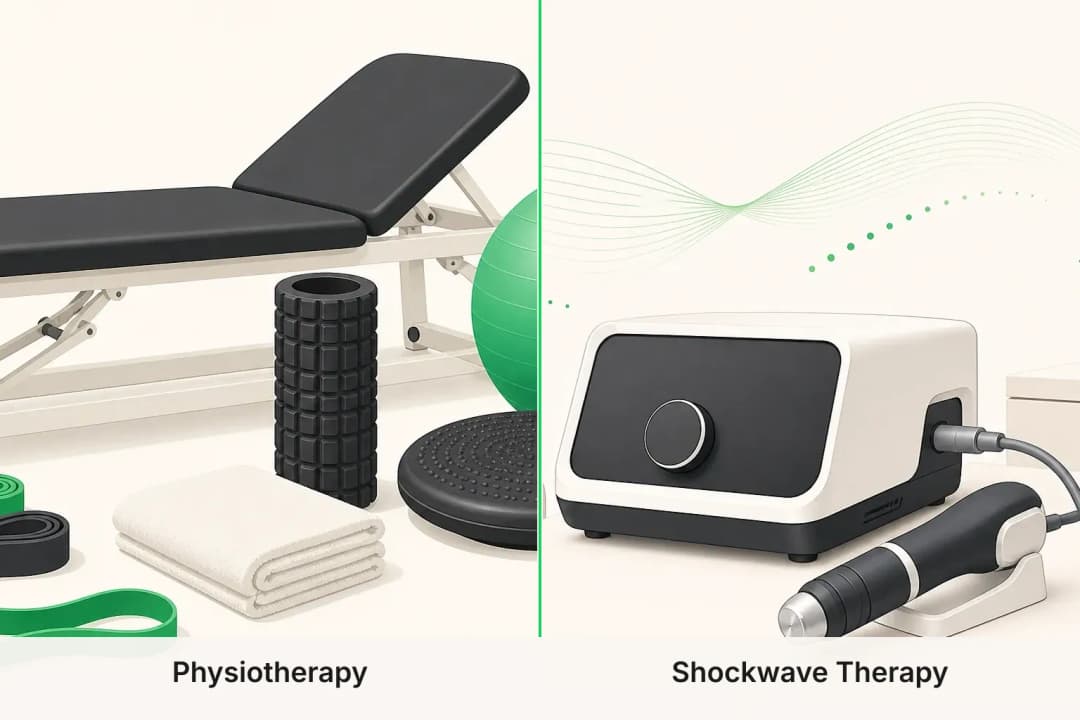 Physiotherapy and Shockwave Therapy shown side by side for comparison