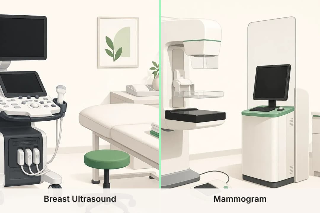 Breast Ultrasound and Mammogram shown side by side for comparison