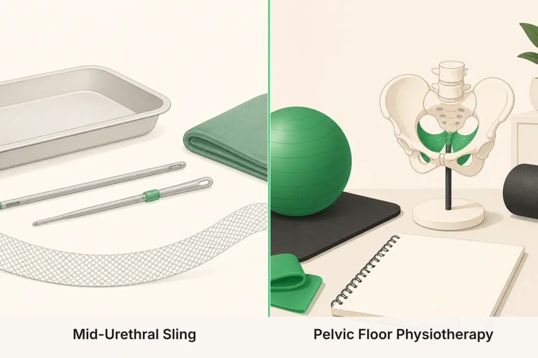 Mid-Urethral Sling and Pelvic Floor Physiotherapy shown side by side for comparison