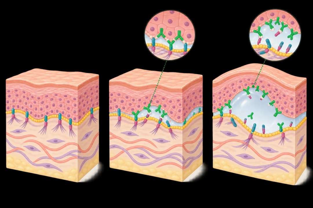 How the structures involved in Bullous Pemphigoid differ from normal