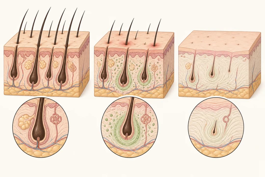 How the structures involved in Central Centrifugal Cicatricial Alopecia differ from normal
