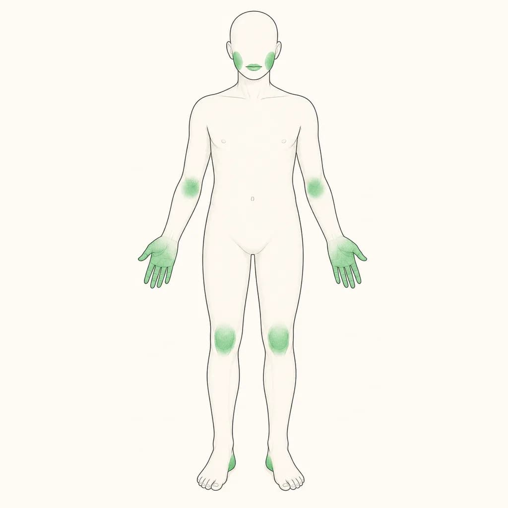Where Cracked Skin is typically felt, shown on a simplified body outline