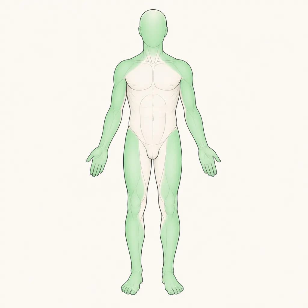Where Painful Skin is typically felt, shown on a simplified body outline