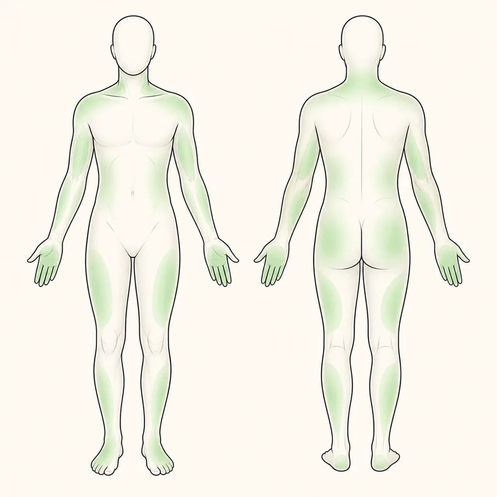 Where Skin Swelling is typically felt, shown on a simplified body outline