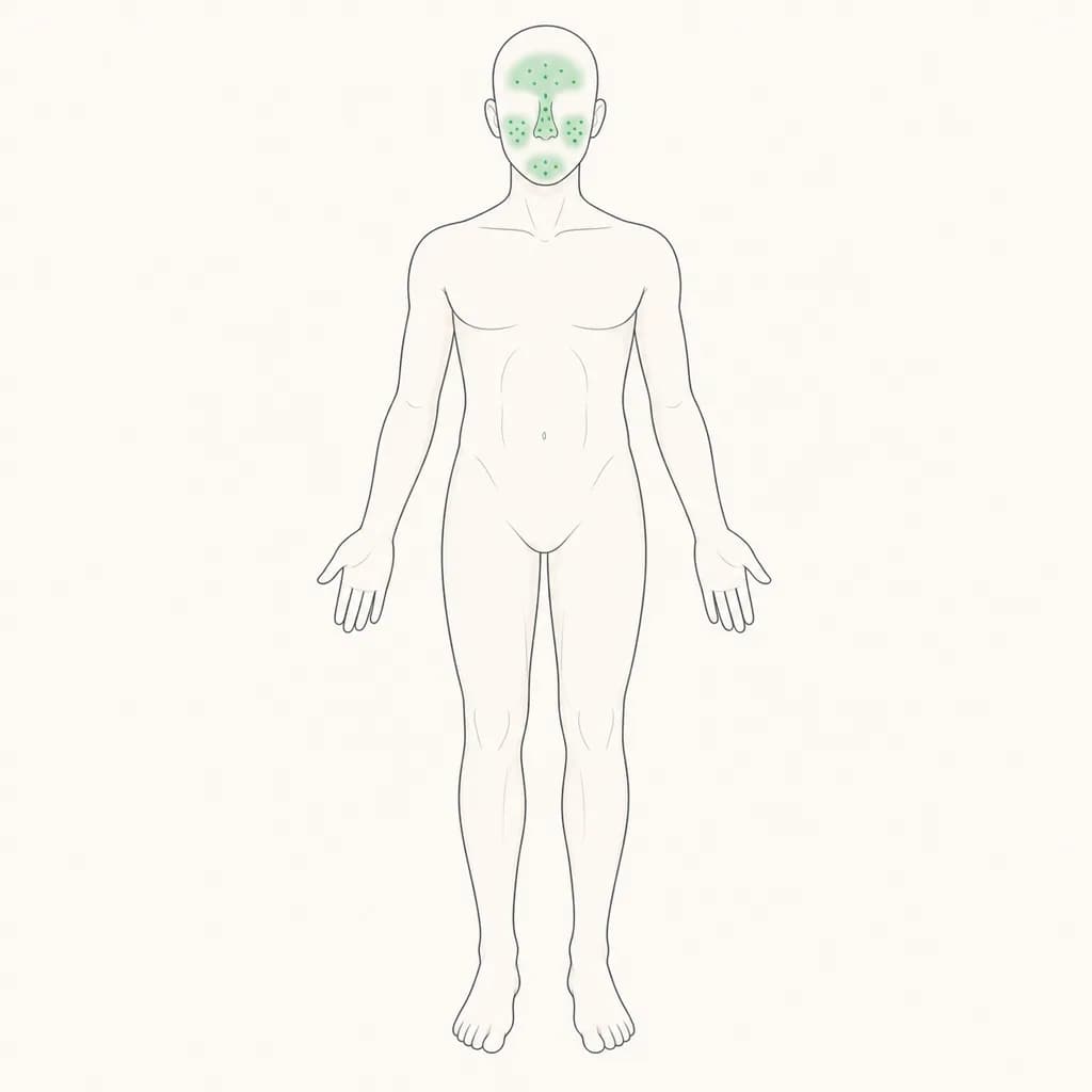 Where Whiteheads is typically felt, shown on a simplified body outline