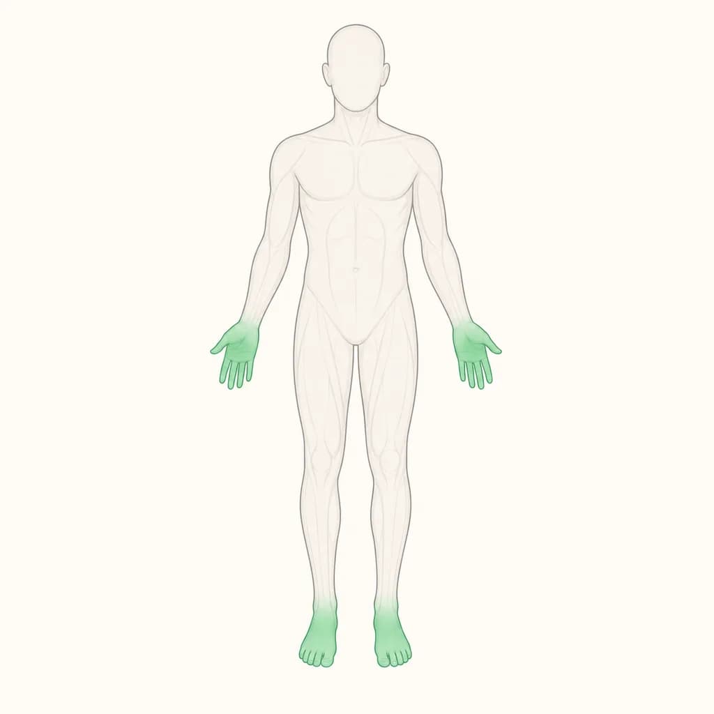 Where Cold Hands and Feet is typically felt, shown on a simplified body outline