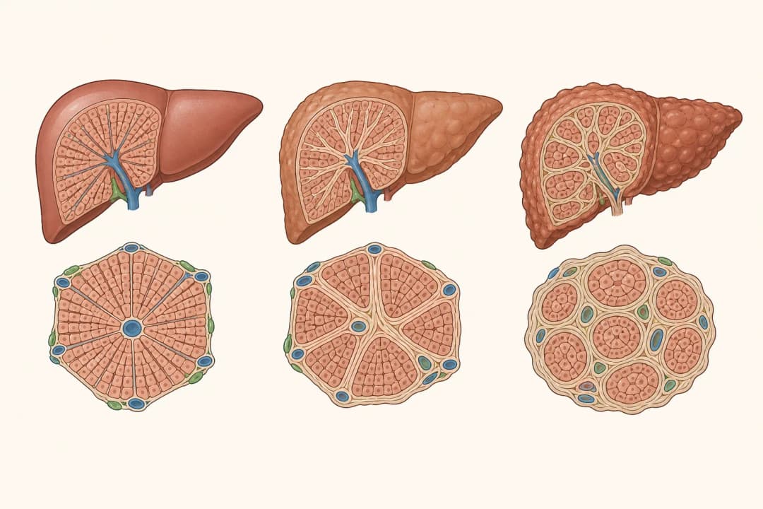 How the structures involved in Liver Cirrhosis differ from normal