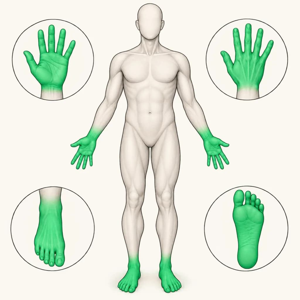Where Numbness or Tingling in Hands and Feet is typically felt, shown on a simplified body outline