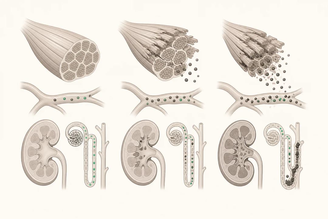 How the structures involved in Rhabdomyolysis differ from normal