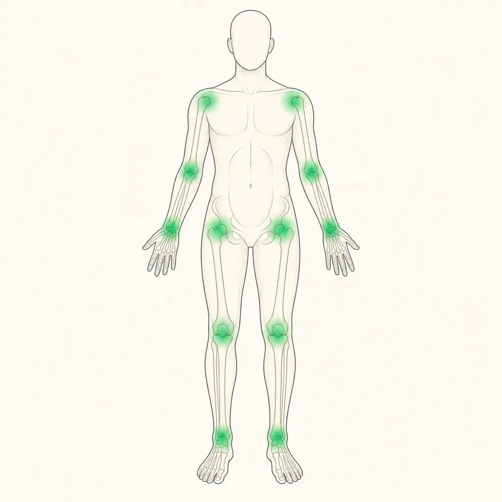 Where Joint Swelling is typically felt, shown on a simplified body outline