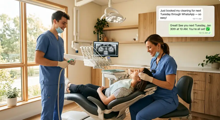 Dental team treating patient in modern clinic with WhatsApp booking confirmation chat overlay