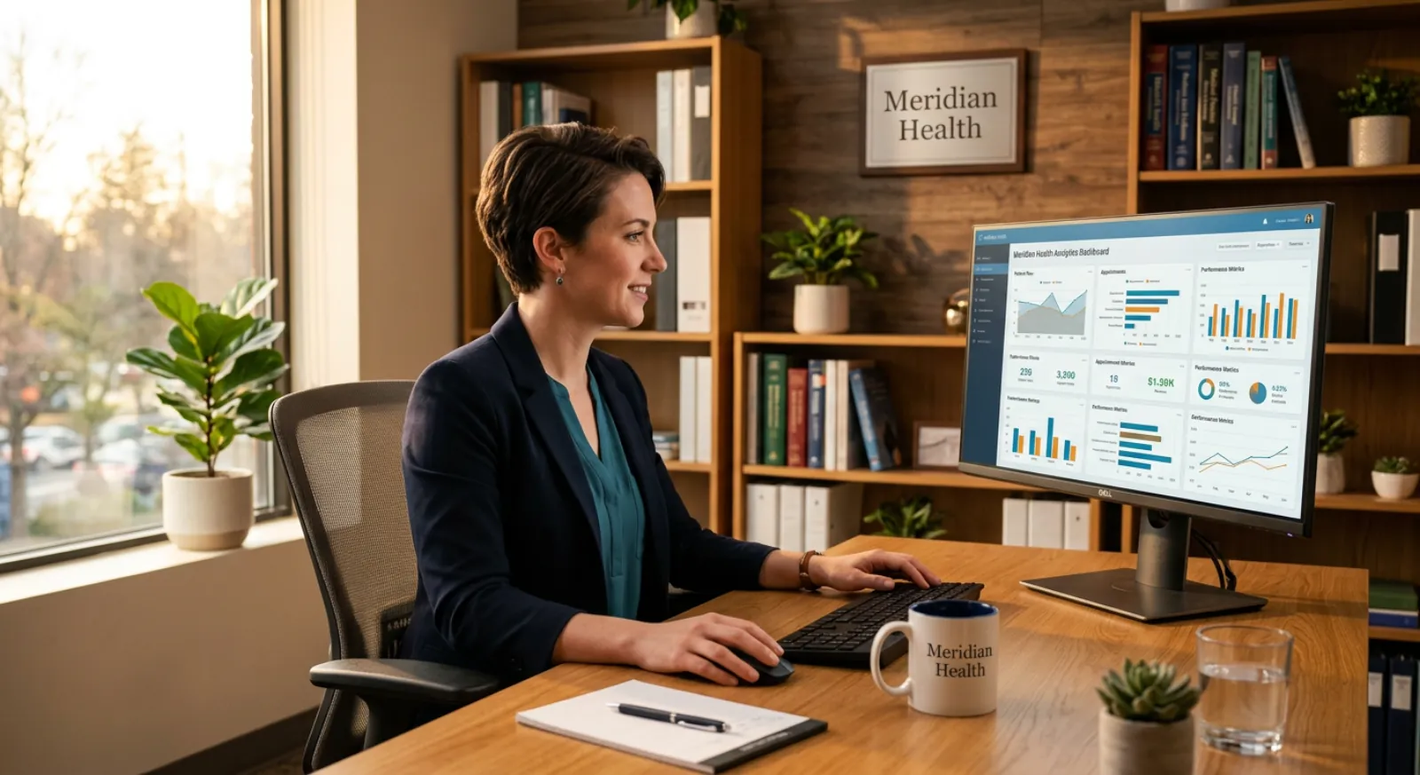 Clinic manager viewing Zavis healthcare analytics dashboard with patient metrics on monitor