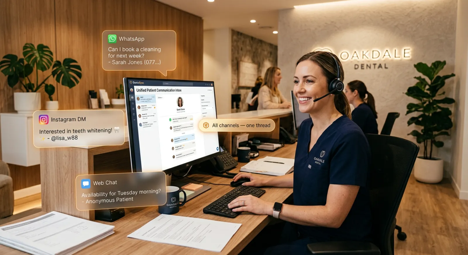 Clinic coordinator at dental reception managing WhatsApp, Instagram, and web chat patient messages in unified inbox