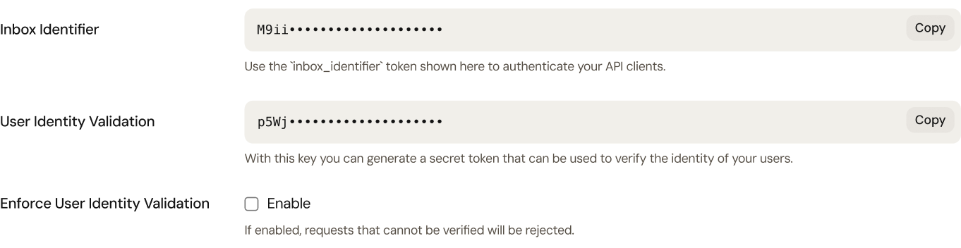 API inbox identifier and user identity validation settings with keys hidden