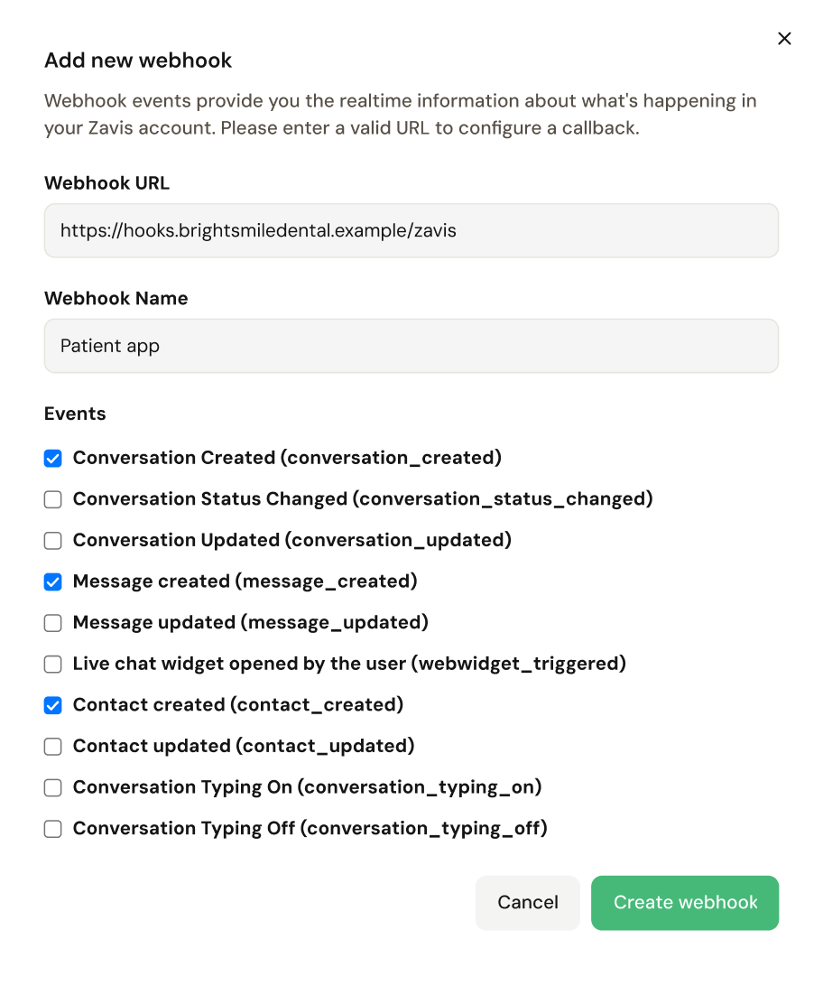 Zavis Add new webhook settings with ten selectable events and a demo callback URL