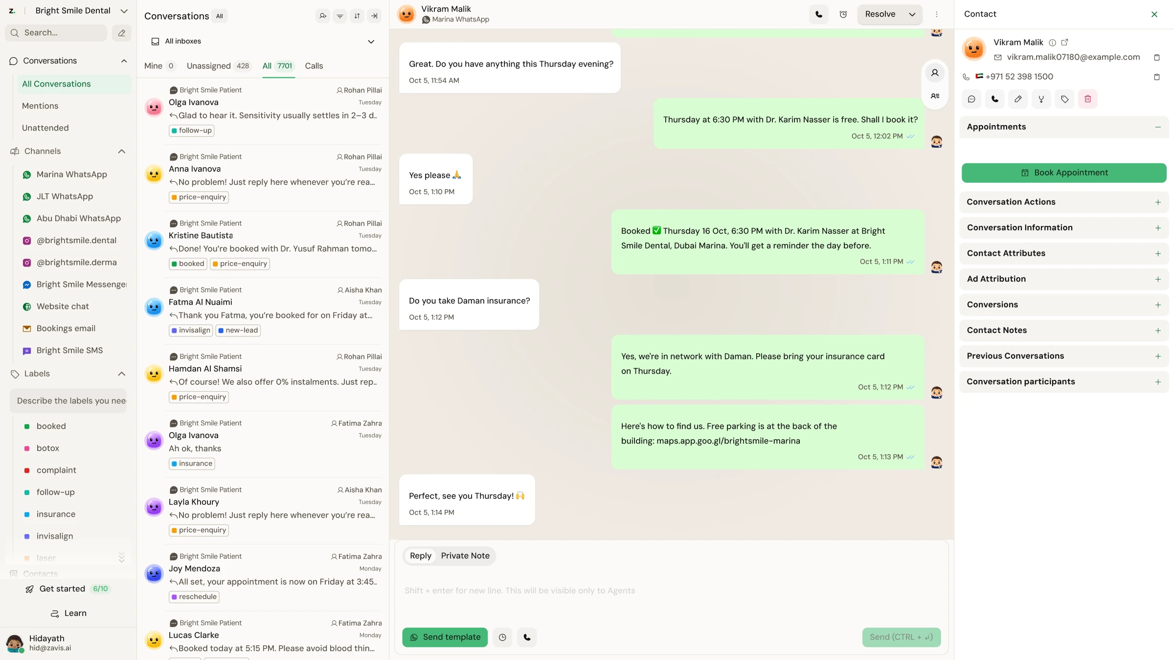 The Zavis inbox: the clinic's channels and labels, a list of patient conversations, a WhatsApp chat where a patient books a Thursday appointment, and the patient's contact details
